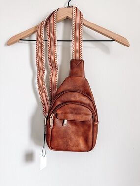Bostanten Brown Leather Sling Bag Crossbody Backpack Adjustable Strap